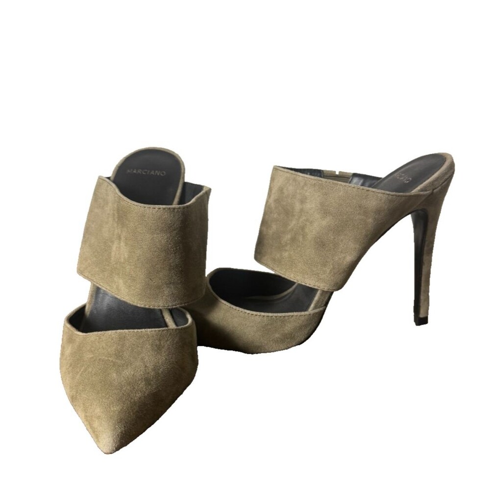 Marciano Green Suede Mule Pumps Womens 8 Pointed Toe Platform Stiletto Heels